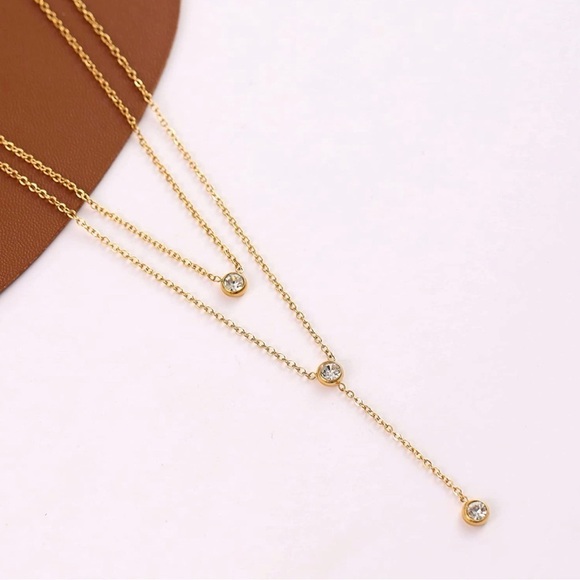 GOLD 18k Plated CZ Layered Lariat Chain Necklace - Picture 3 of 3
